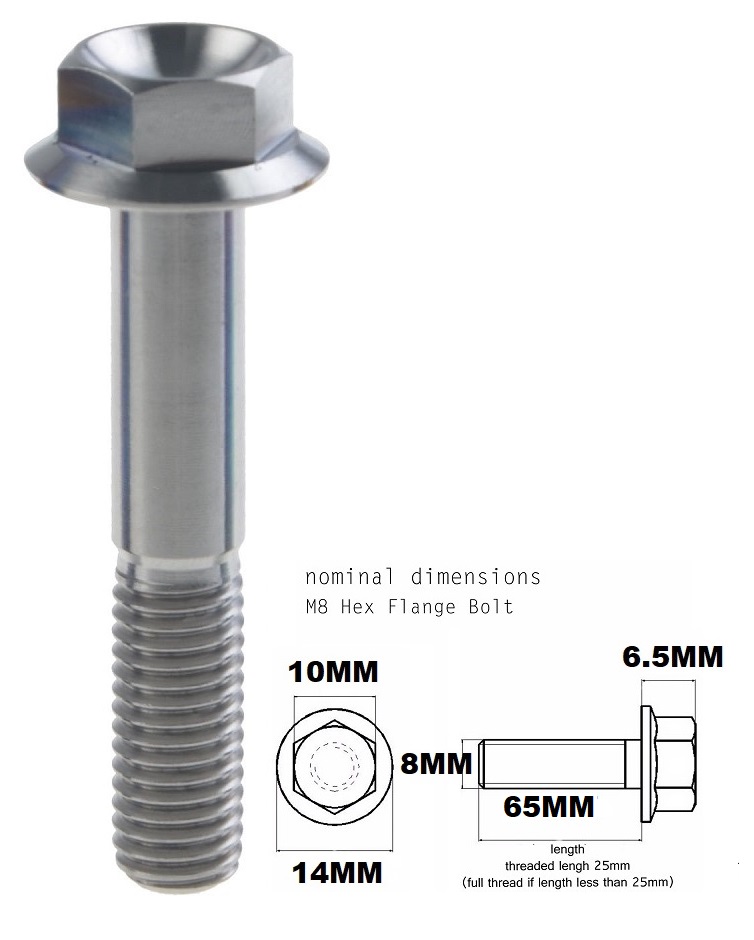 M8X65MM 1.25 THREAD PITCH TITANIUM FLANGE 10MM HEX BOLT GRADE 5